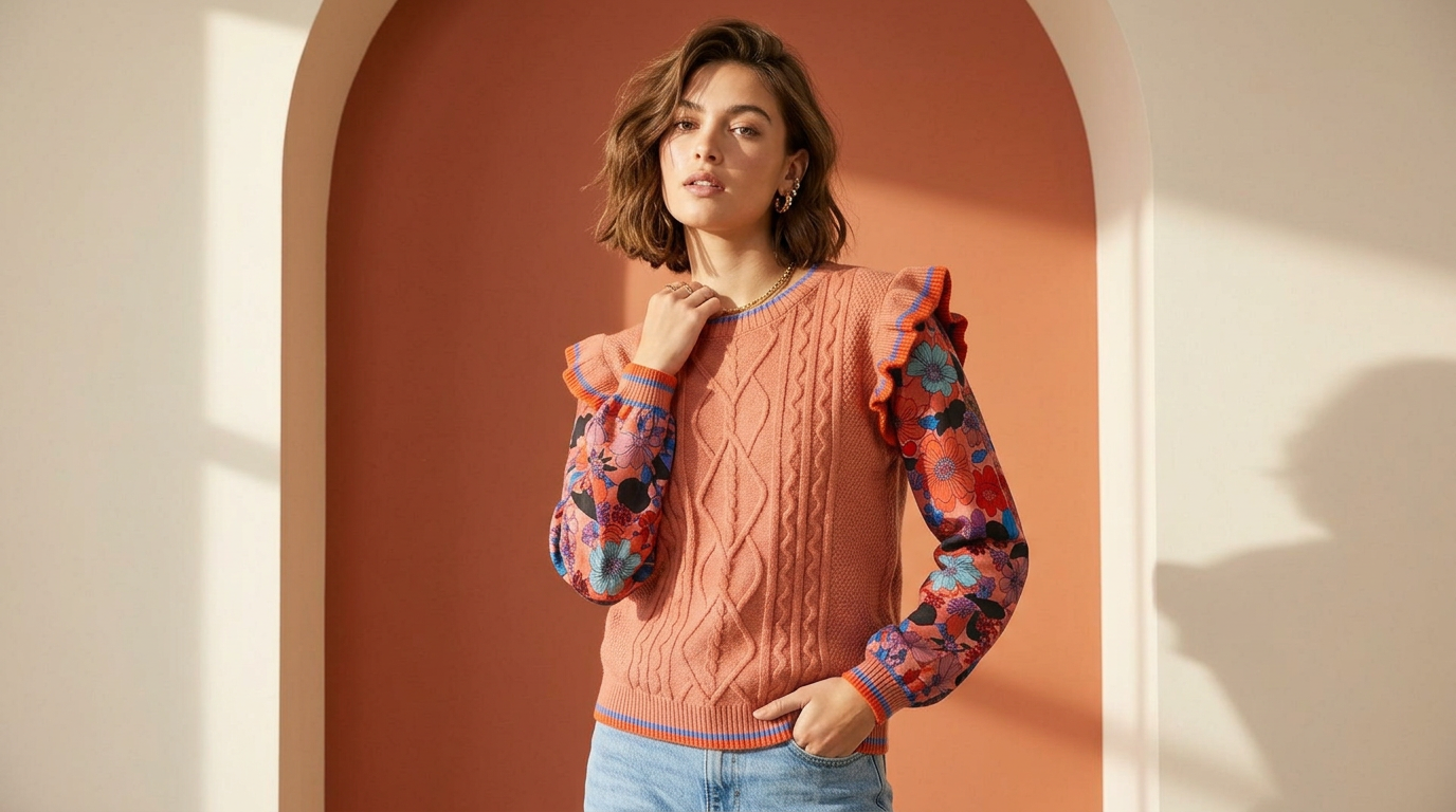 Model wearing the Fate floral-sleeve cable knit ruffle sweater from Pophaven26